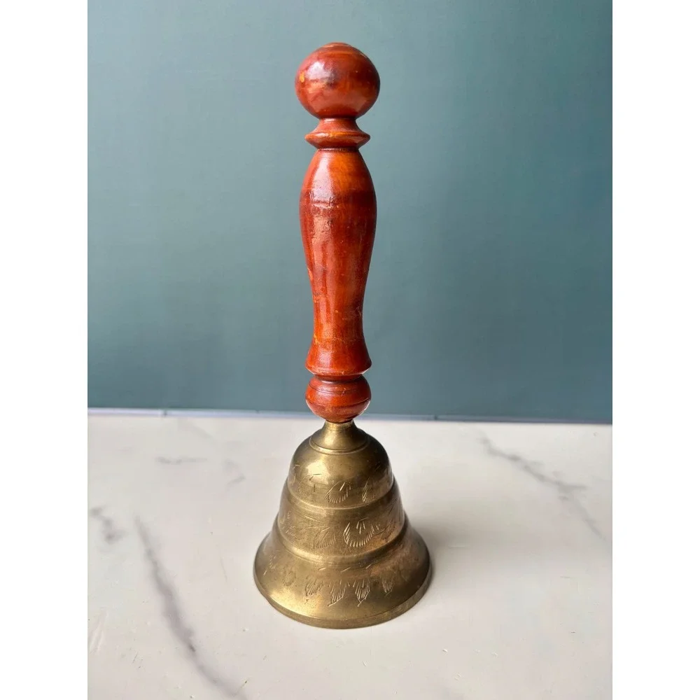 Vintage Etched Brass Hand Bell Wood Handle India Decorative Dinner Bell 7.5